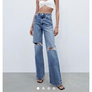 Zara High Waisted Wide Leg Mid-Wash Blue Distressed Jeans